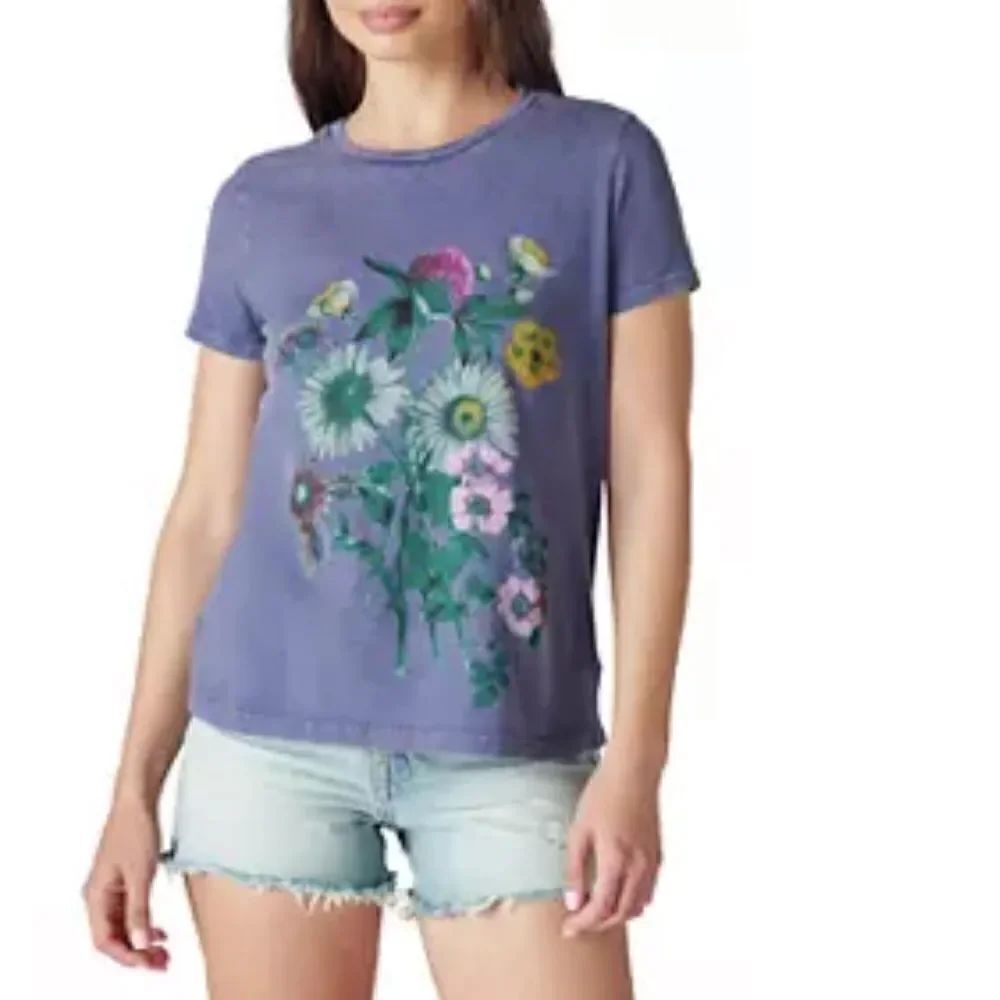 Lucky Brand M Heather Blue Floral Bloom Short Sleeve Tee in Dress Blues